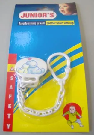 Soother holder with clip “JUNIOR’S”Description: White coloured soother holder