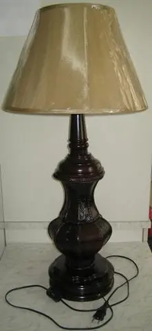 Desk lamp with textile lamp shade (with wood and leather cover)