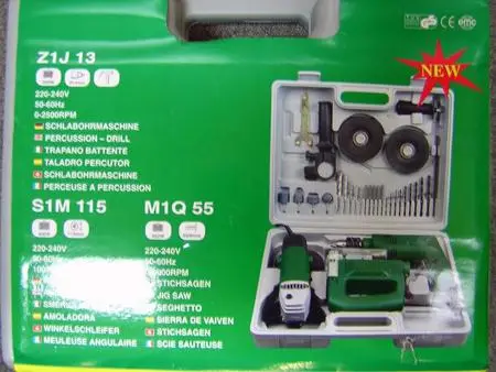 Drill “ZIJ-13” as part of a set of different DIY electric tools including an angle grinder