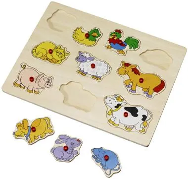 Wooden puzzle - animal figures with knobs, 10 pcs