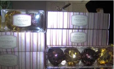 Cosmetics resembling chocolates in shape, colour, appearance, size and scent