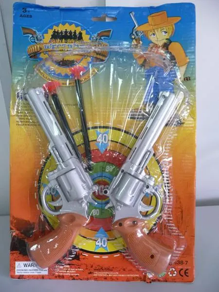Toy cowboy pistols set with six projectiles with suction cups