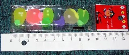 Plastic eraser of various fruit shapes in pastel colours