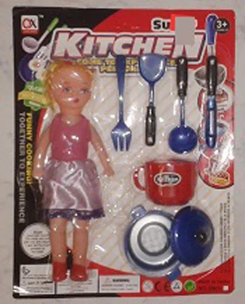 Plastic doll and kitchen play set