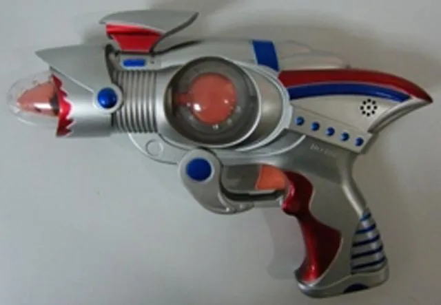 A plastic toy gun that emits a red laser