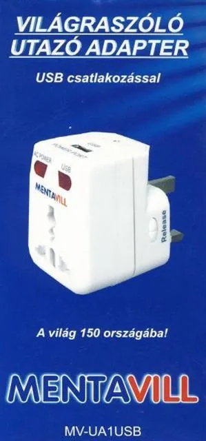 Travel adapter with USB output. "Világraszóló U